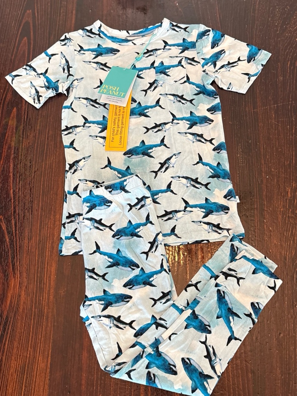 Posh Peanut Blue & White Shark Print Kids Pajama Set